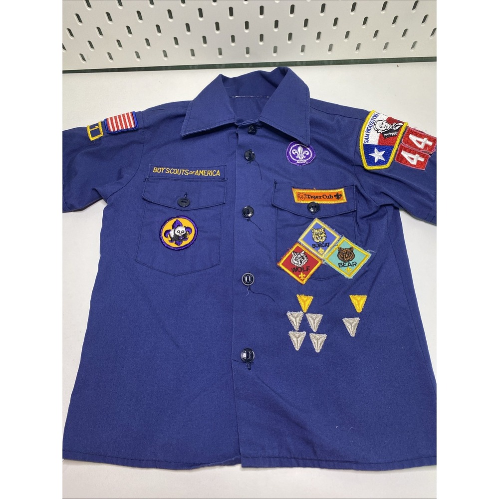 Vintage Boy Scouts of America BSA Shirt Youth Small Blue Texas Patches Uniform